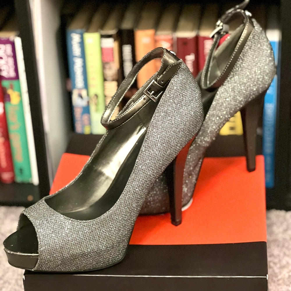 G by Guess Pewter Peeptoe Heels. Size 9.5, NWT.